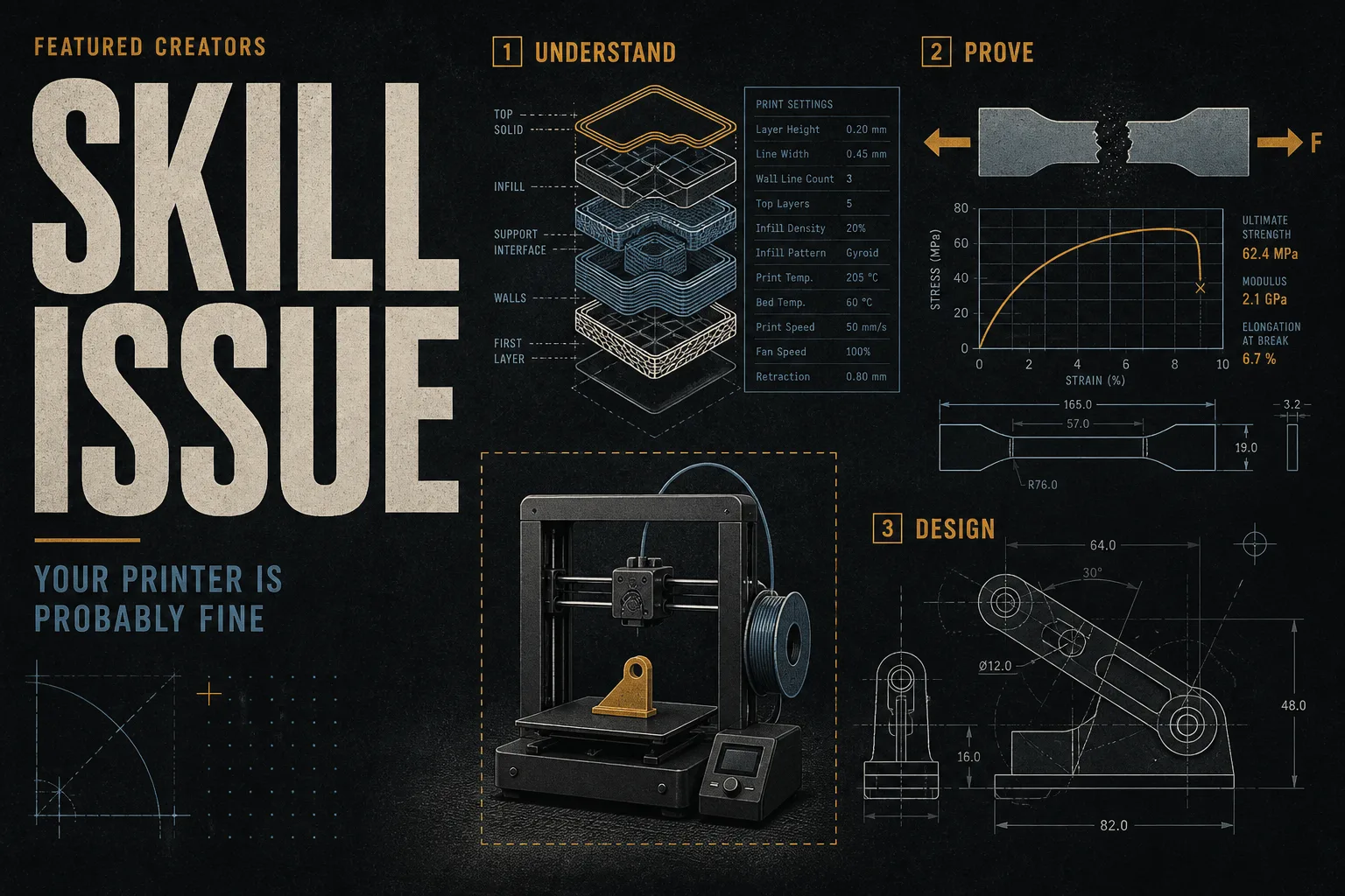 Editorial art: a calm desktop printer in a dotted box, surrounded by slicer layers, a broken test coupon, and CAD construction lines. Type reads SKILL ISSUE / YOUR PRINTER IS PROBABLY FINE.